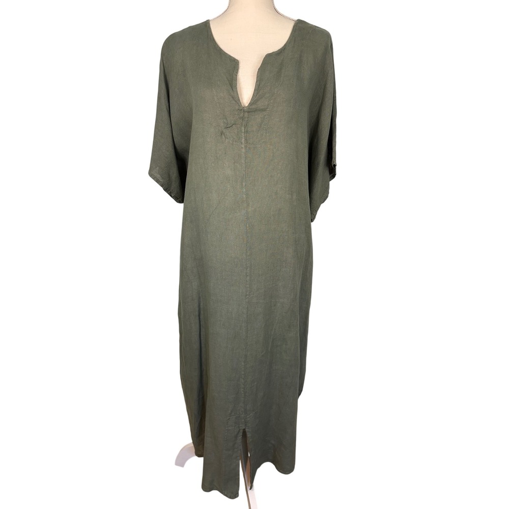 Made in Italy Olive Green 100% Linen Maxi Kaftan Dress Relaxed Split Neck OS